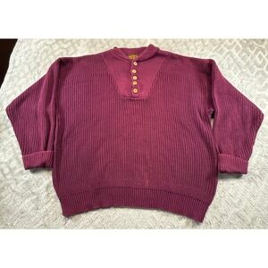 Vtg Eddie Bauer Henley Fisherman Sweater Men's Plum Maroon 100% Cotton Knit READ
